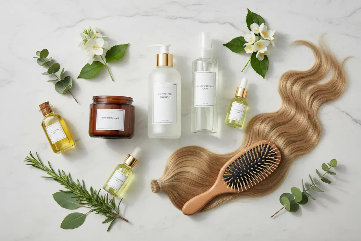 Guide entretien extensions Raw Hair - Produits essentiels shampooing sans sulfate, masque hydratant, protection thermique, sérums et huiles naturelles pour extensions cheveux durée 3-5 ans