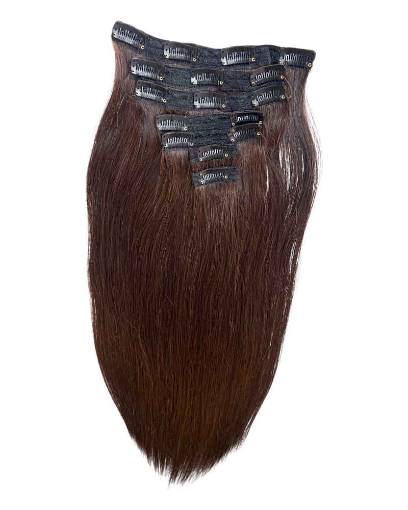 Extensions Cheveux Clips NahaHair – Brun #2, 100 % cheveux humains, faciles à poser, texture naturelle