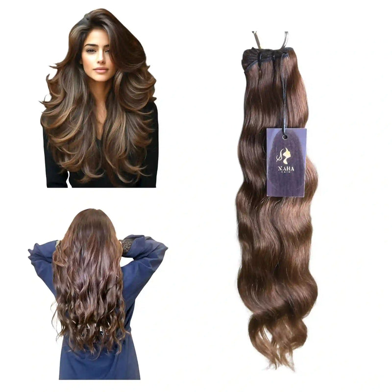 Extensions Cheveux Ondulés NahaHair – Bruns #4, 100 % cheveux humains, texture naturelle