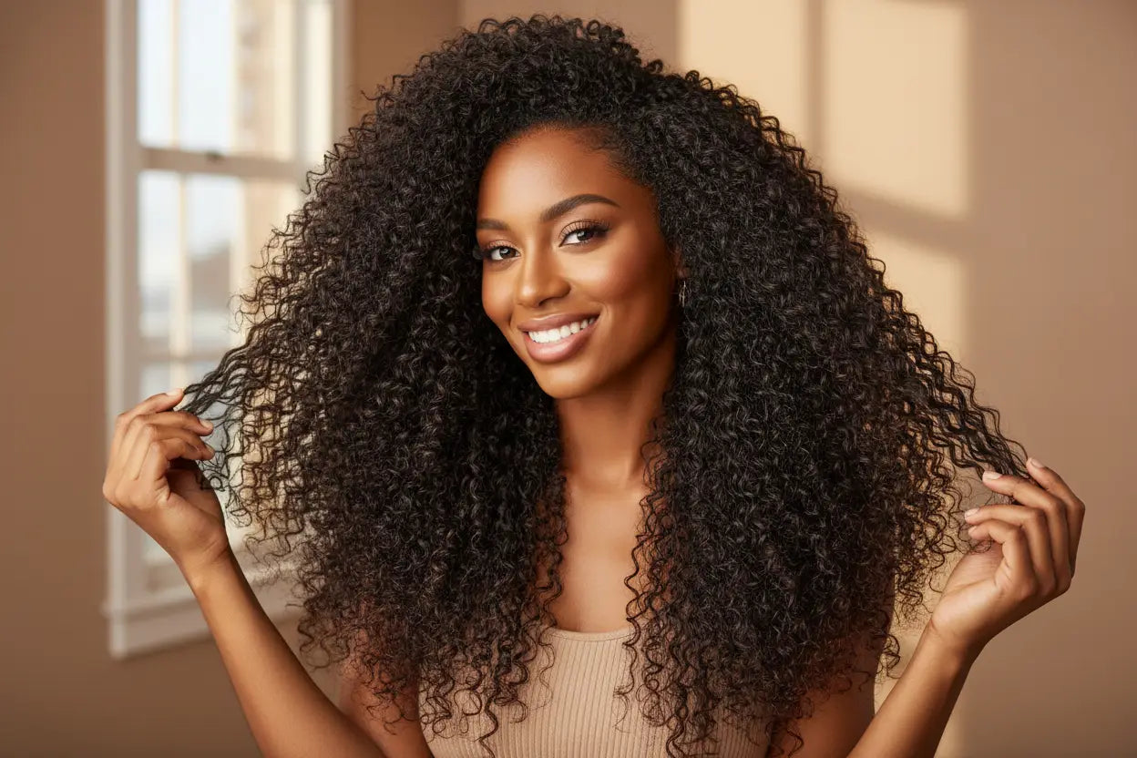 Extensions cheveux crépus Raw Hair - Femme afro avec extensions kinky curly parfaitement intégrées, blending naturel cheveux texturés, volume et longueur, guide expert NAHA HAIR Salon-de-Provence