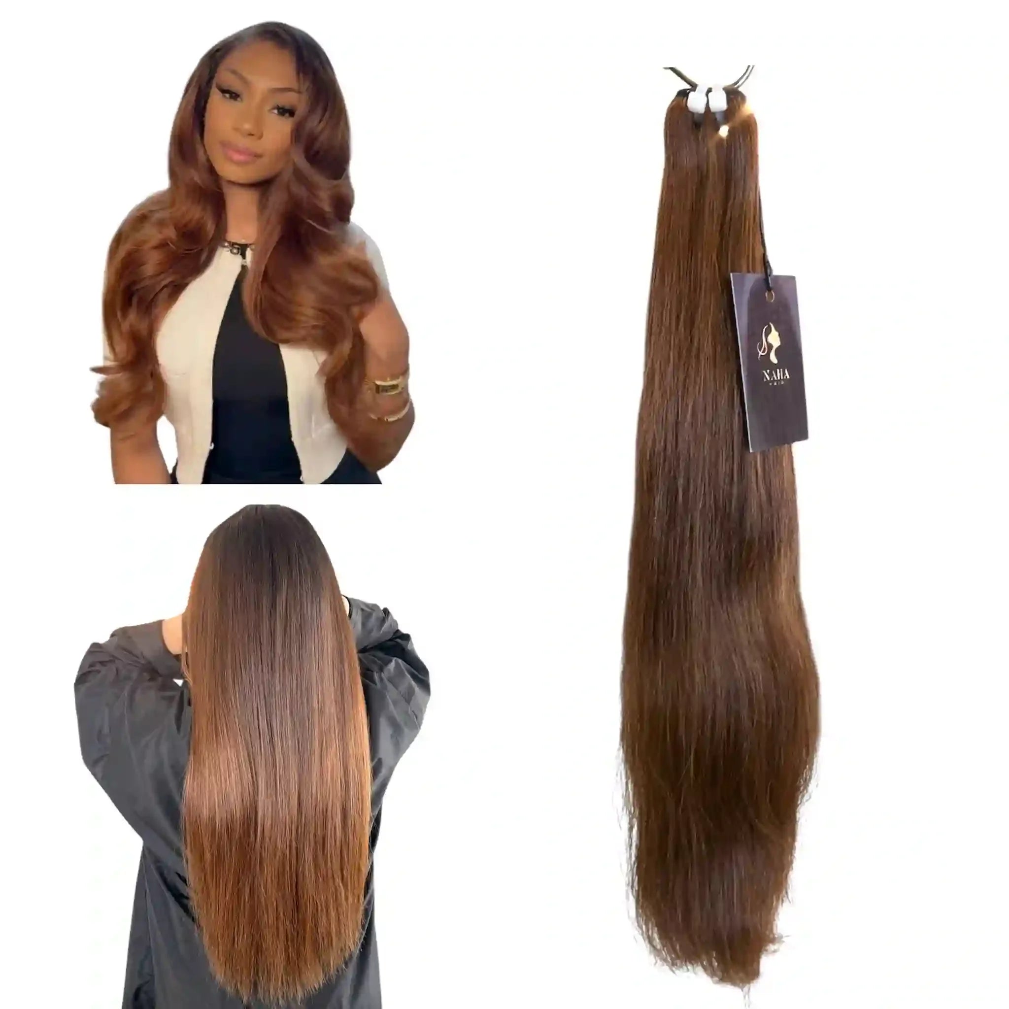 Extensions Cheveux Lisses NahaHair – Brown #4, 100 % cheveux humains, texture premium