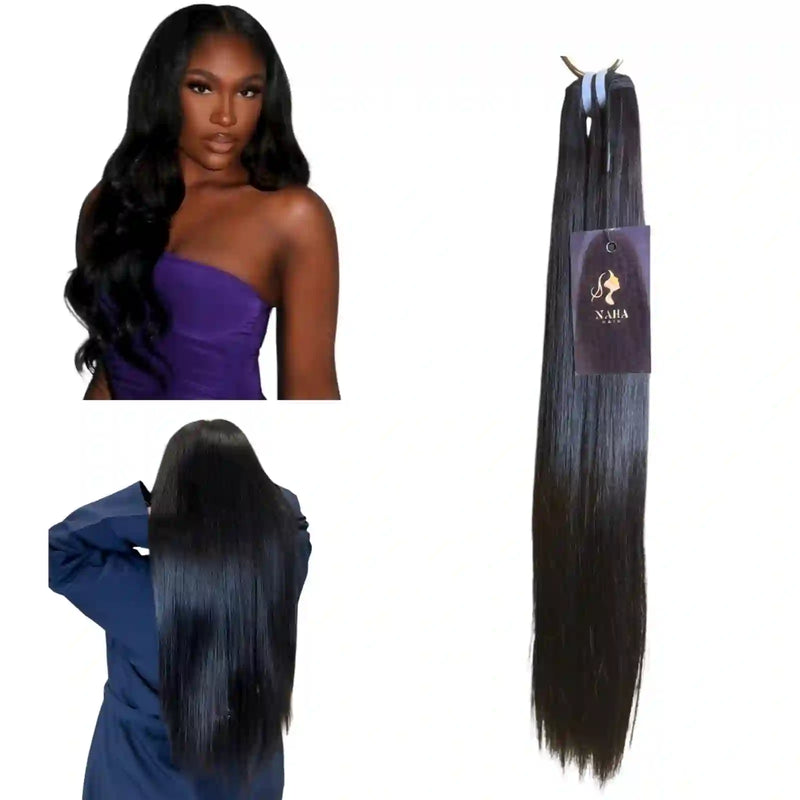 Extensions Cheveux Lisses NahaHair – Brun Foncé #1B, 100 % cheveux humains, texture premium