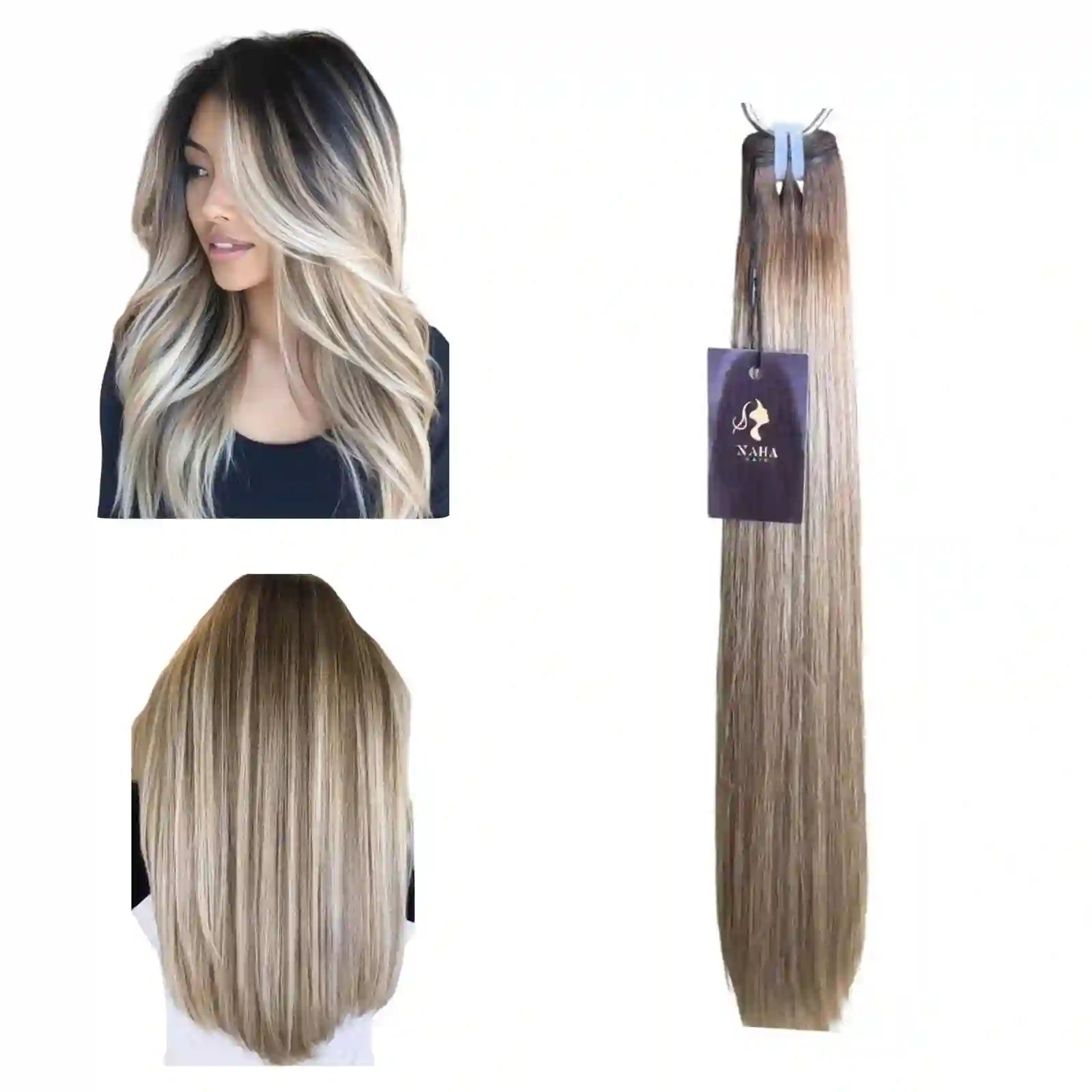 Extensions Cheveux Lisses NahaHair – Châtain Très Clair Blond Cendré #4/60, 100% cheveux humains, texture naturelle premium
