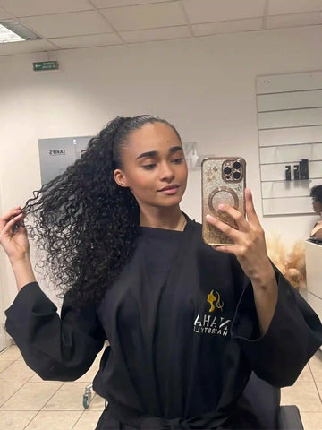 Queue de Cheval Cheveux Bouclés NahaHair – Brun Foncé 1B, 100 % cheveux humains, texture naturelle