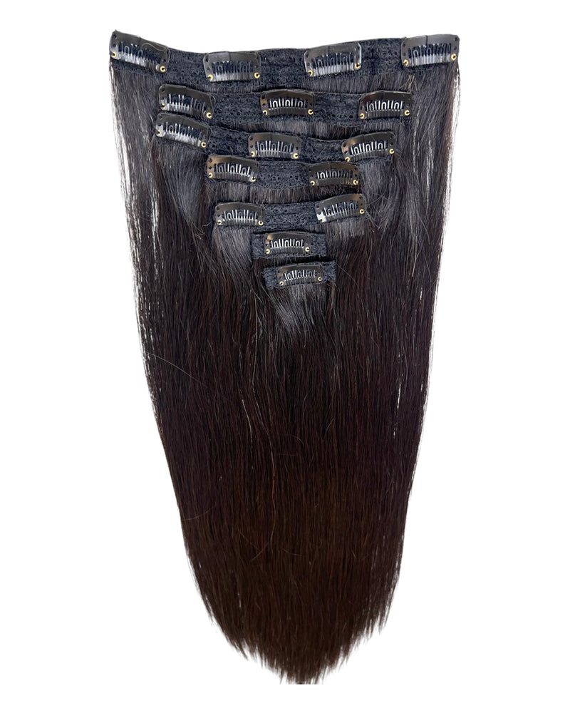 Extensions Cheveux Clips NahaHair – Brun 1B, 100 % cheveux humains, faciles à poser, texture naturelle