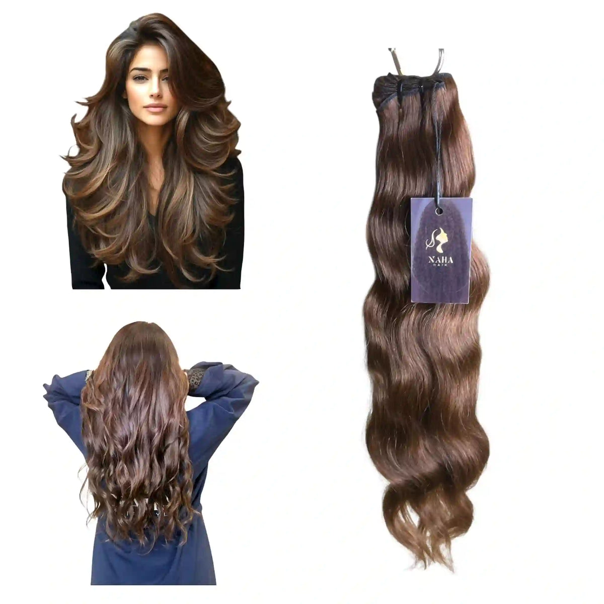 Extensions Cheveux Ondulés NahaHair – Bruns #4, 100 % cheveux humains, texture naturelle